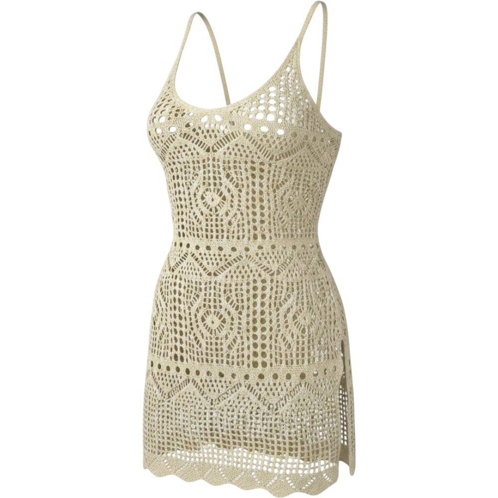 New XS Beige Knit Crochet Swimsuit Cover Up Mini Dress Slit Beach White Ivory